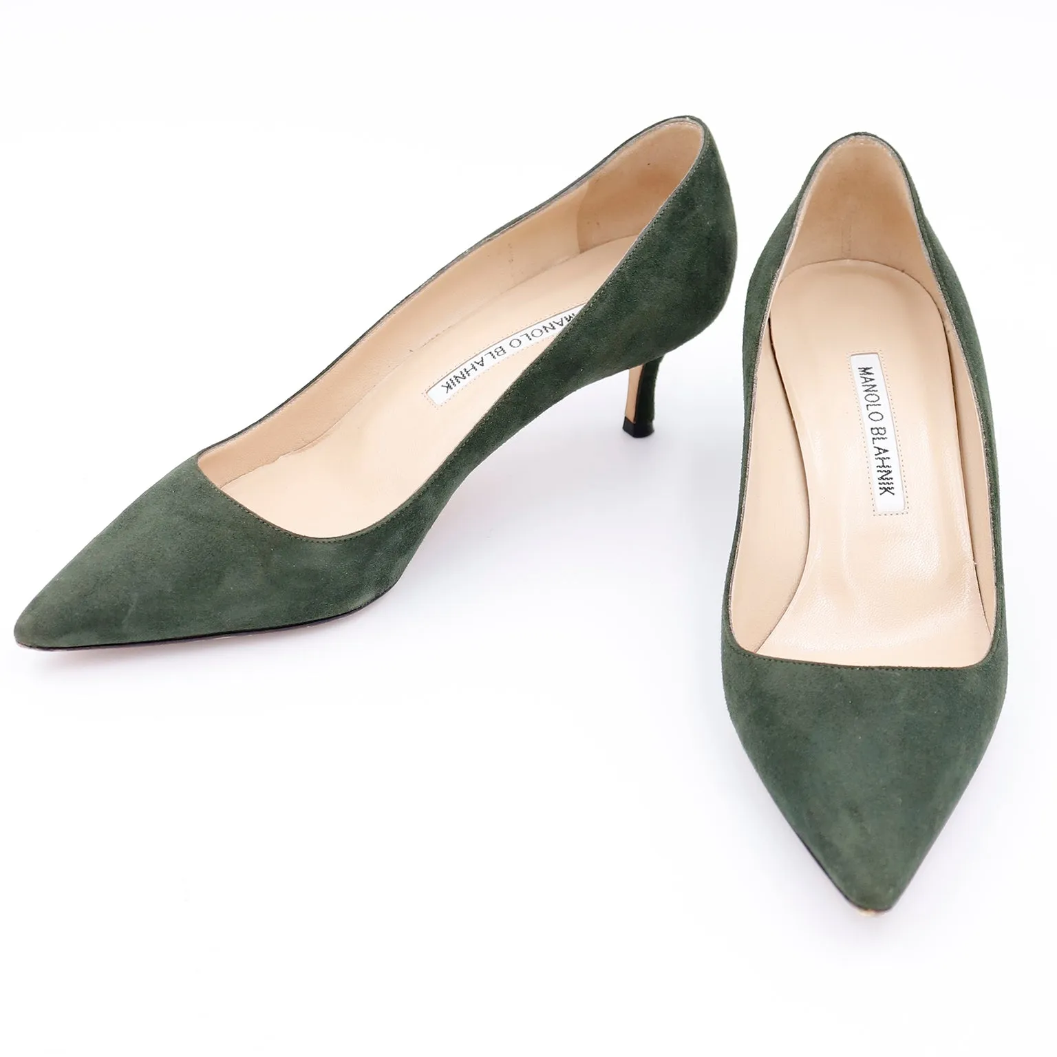 1990s Manolo Blahnik Green Suede Kitten Heel Pumps Shoes