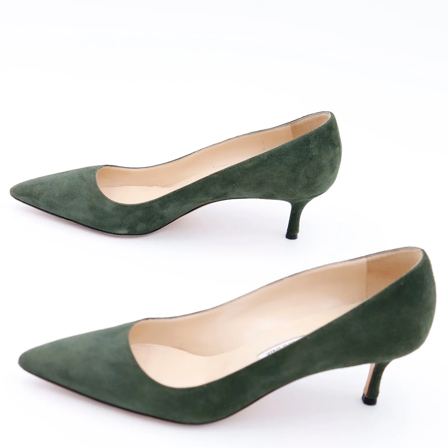 1990s Manolo Blahnik Green Suede Kitten Heel Pumps Shoes