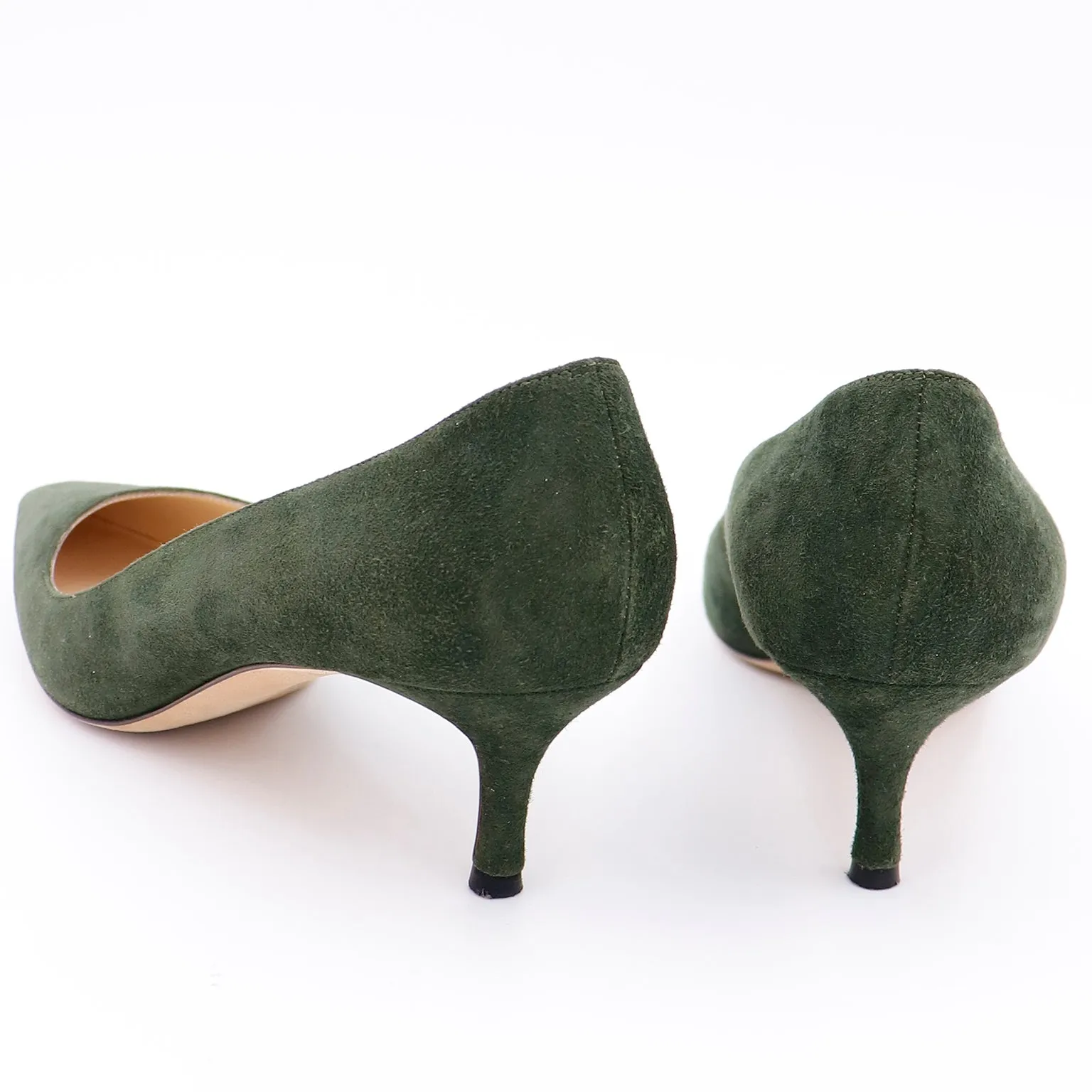 1990s Manolo Blahnik Green Suede Kitten Heel Pumps Shoes