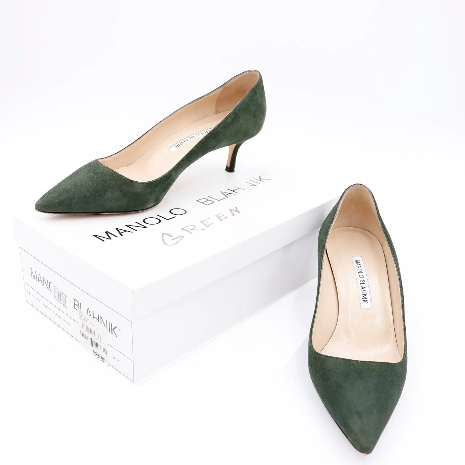 1990s Manolo Blahnik Green Suede Kitten Heel Pumps Shoes