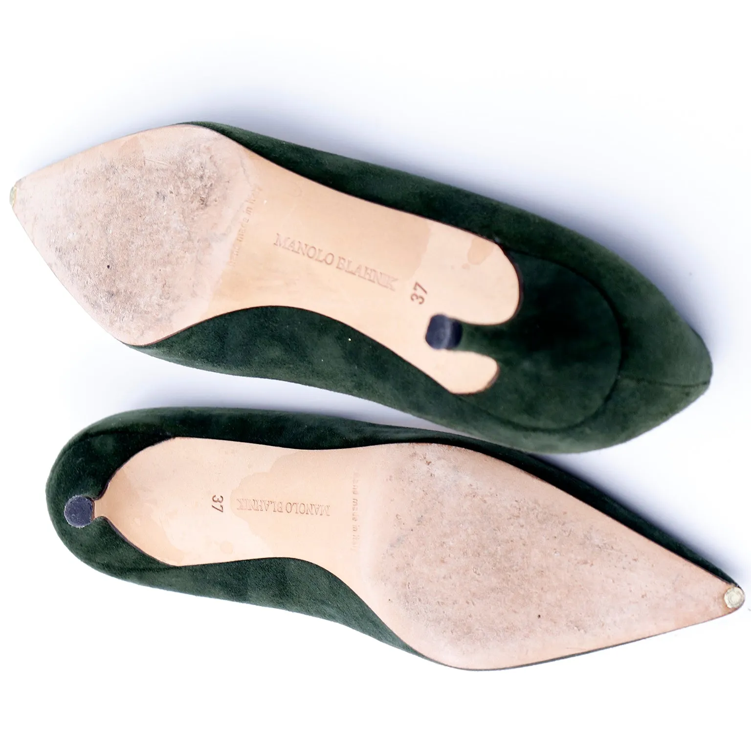 1990s Manolo Blahnik Green Suede Kitten Heel Pumps Shoes