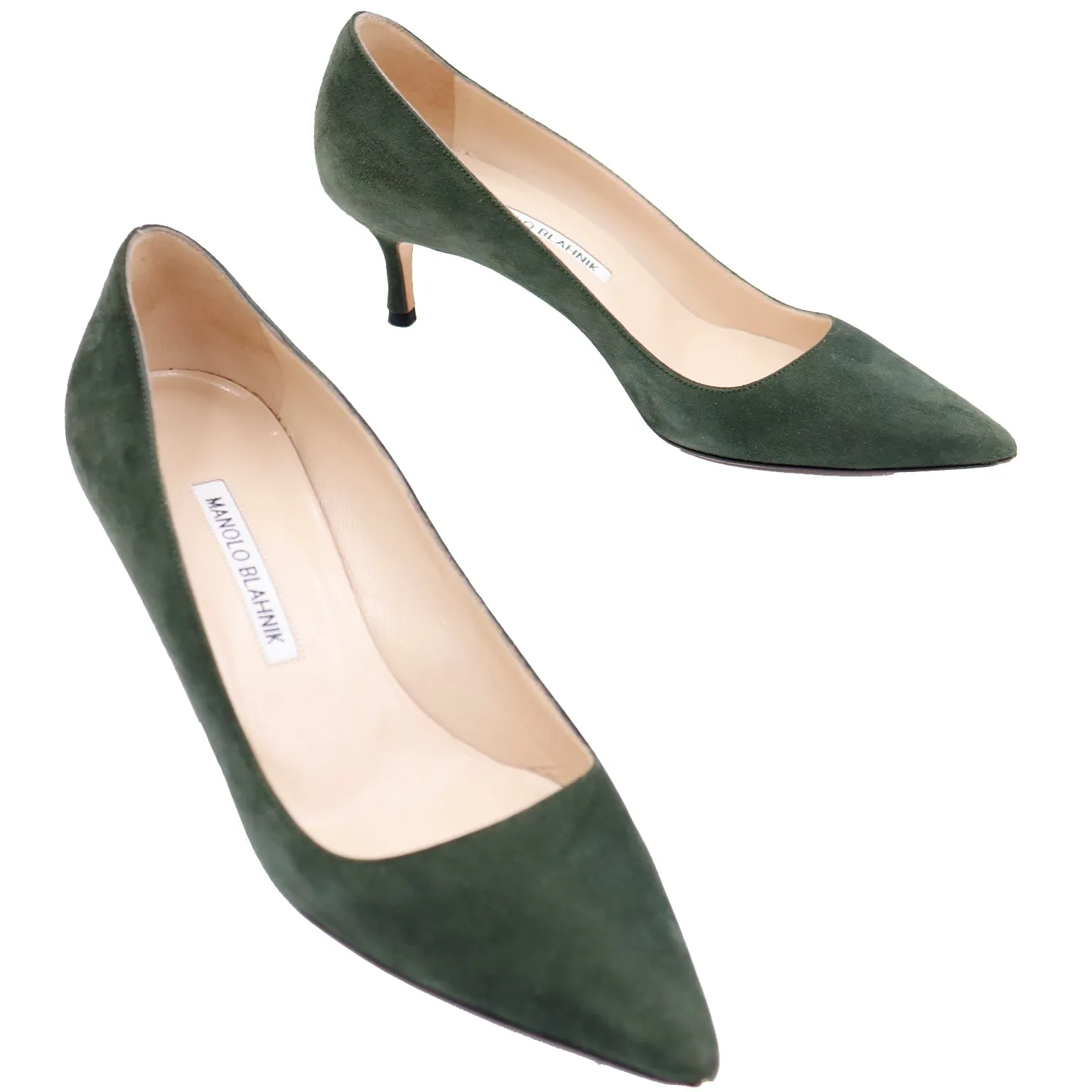 1990s Manolo Blahnik Green Suede Kitten Heel Pumps Shoes