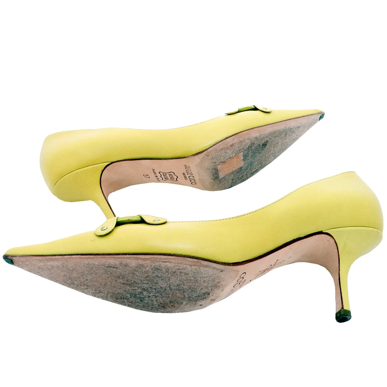 2000s Jimmy Choo Chartreuse Green Pointed Toe Open Buckle Shoes