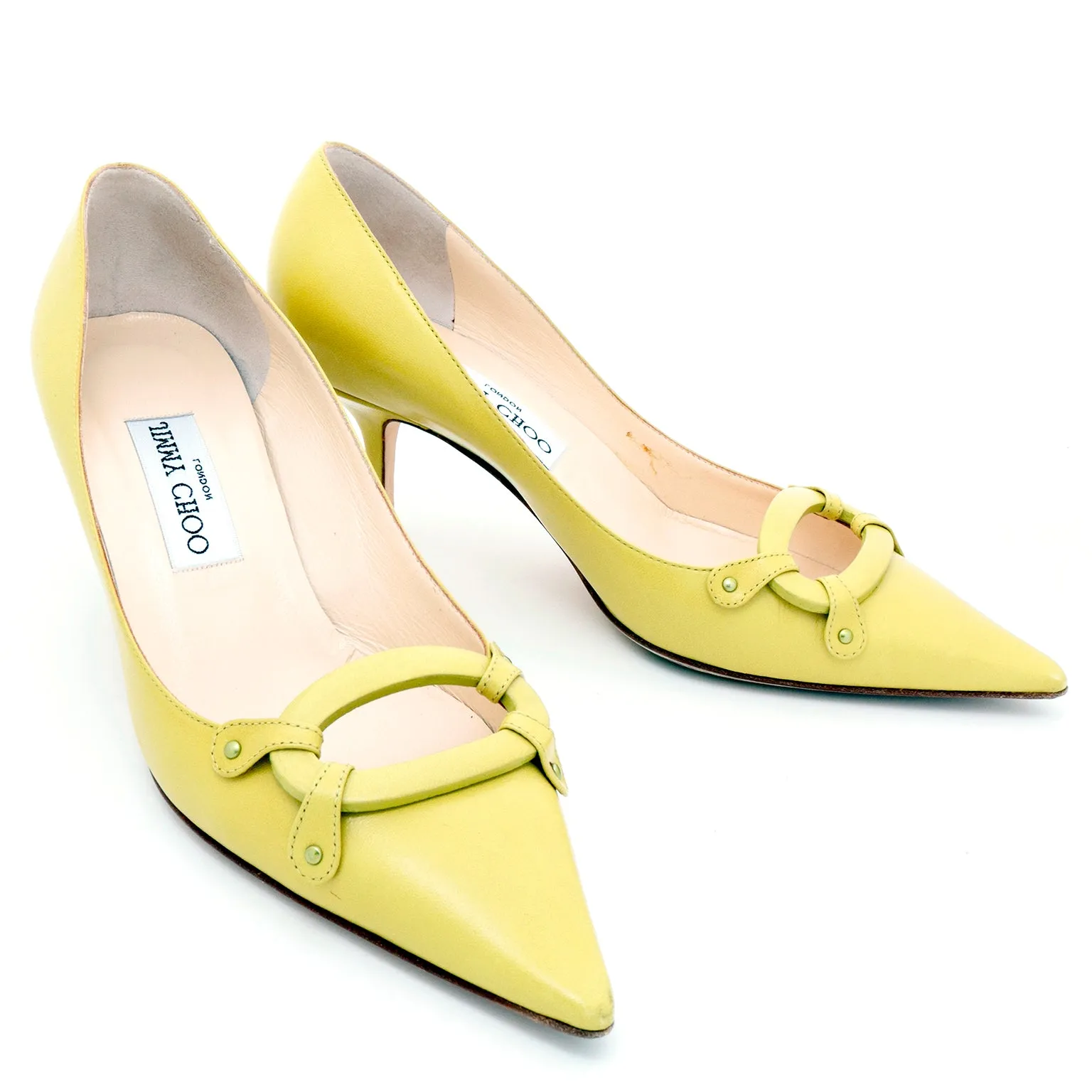 2000s Jimmy Choo Chartreuse Green Pointed Toe Open Buckle Shoes