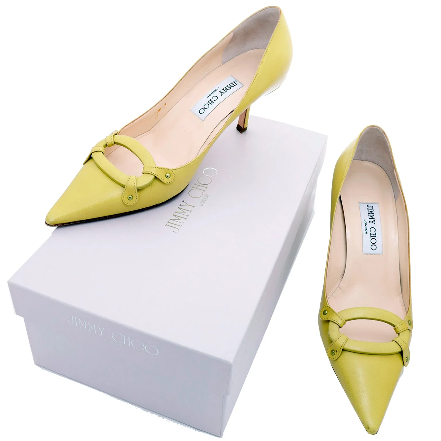 2000s Jimmy Choo Chartreuse Green Pointed Toe Open Buckle Shoes