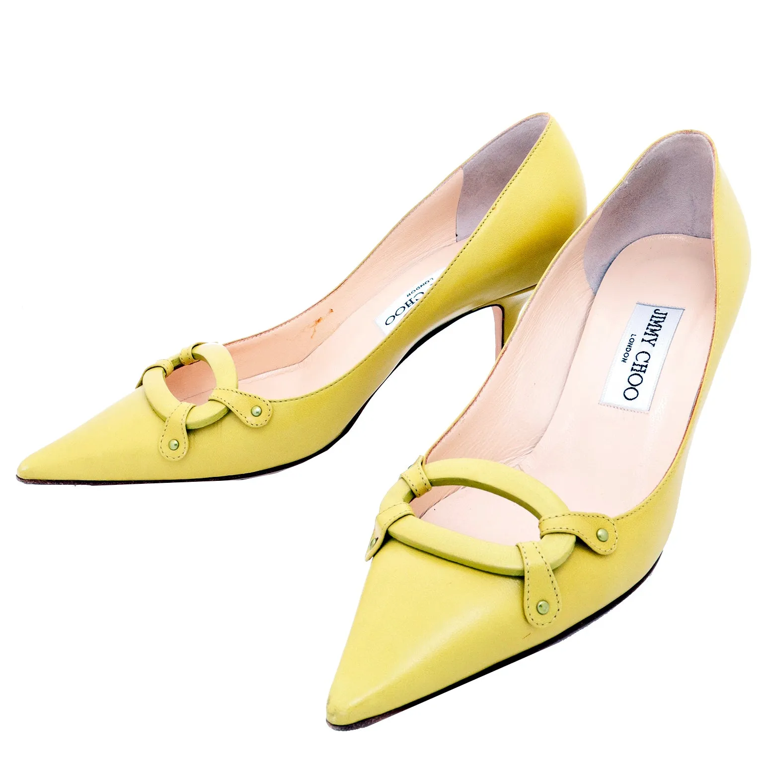 2000s Jimmy Choo Chartreuse Green Pointed Toe Open Buckle Shoes