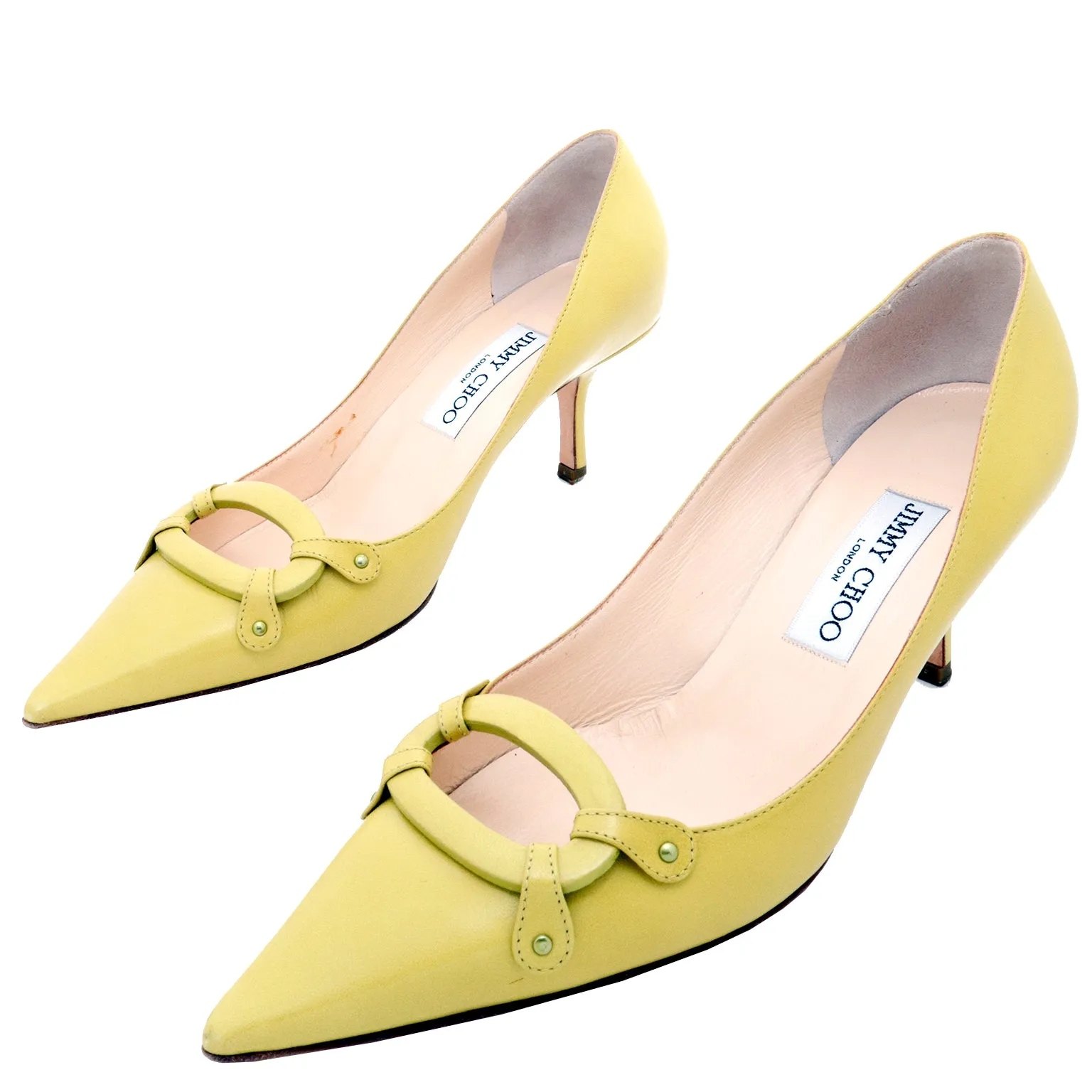 2000s Jimmy Choo Chartreuse Green Pointed Toe Open Buckle Shoes