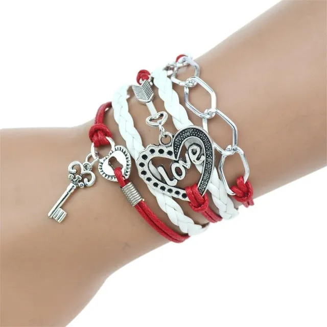 2017 New Fashion Infinity Love Birds Sister Charm Bracelet With Handwoven leather Bracelets for Women Man Valentine's Day Gift