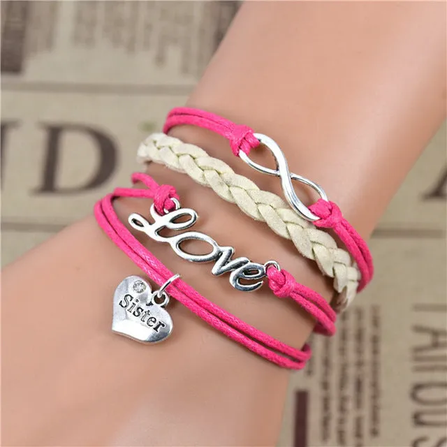 2017 New Fashion Infinity Love Birds Sister Charm Bracelet With Handwoven leather Bracelets for Women Man Valentine's Day Gift