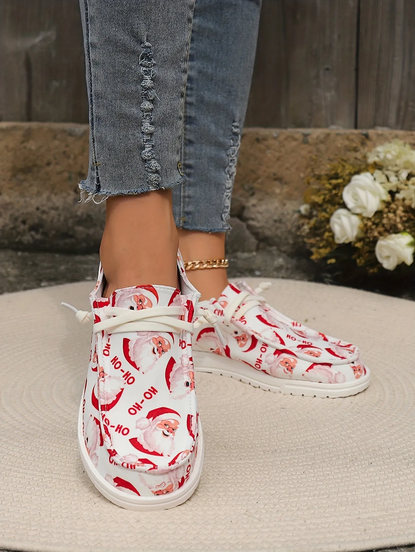 A Festive Christmas Delight: Slip-On Sneakers with Santa Print for Ultimate Comfort and Style