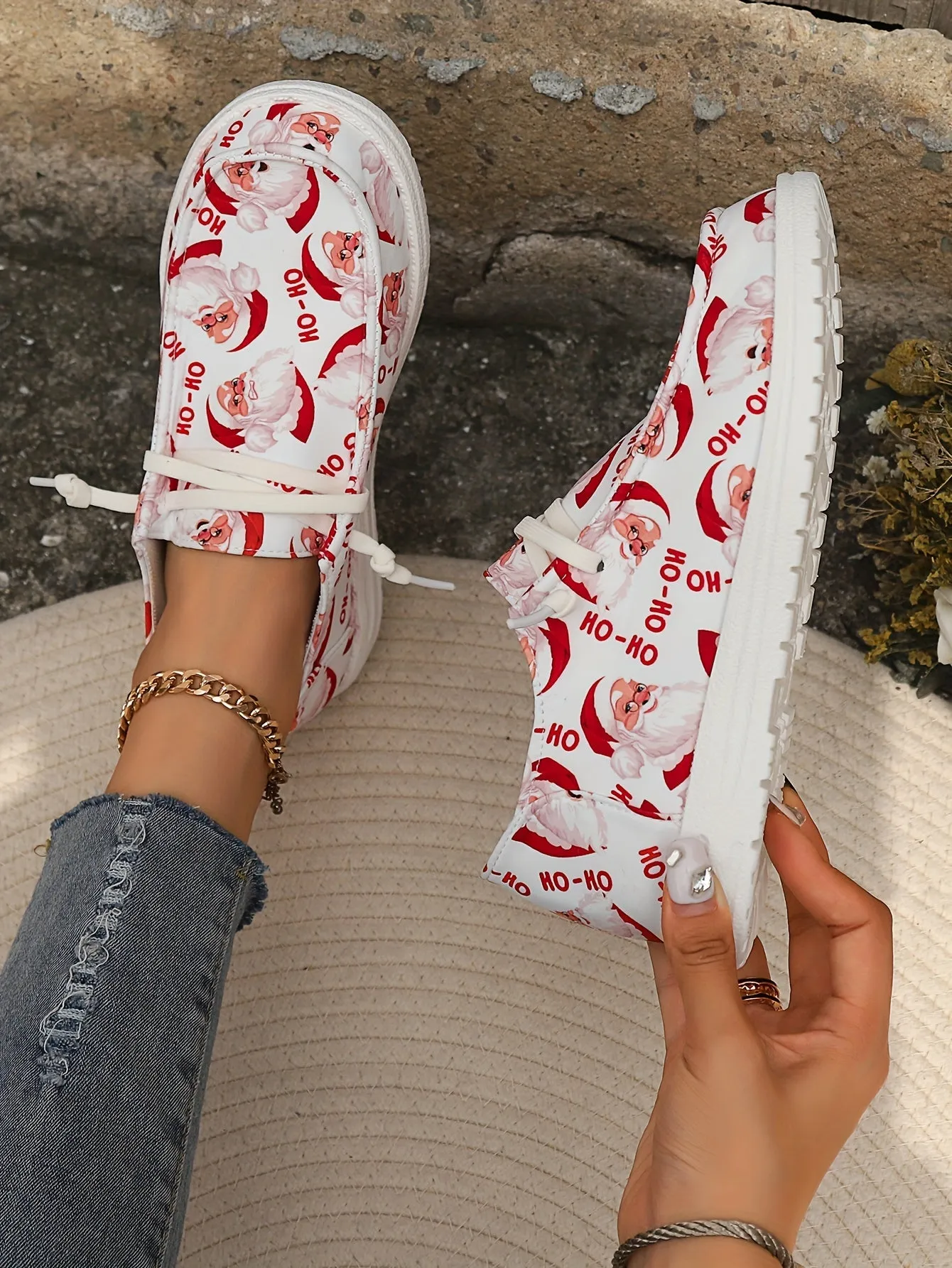 A Festive Christmas Delight: Slip-On Sneakers with Santa Print for Ultimate Comfort and Style