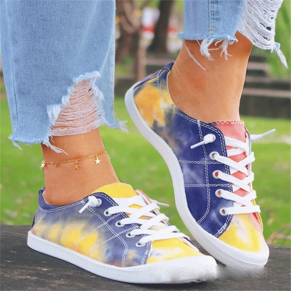 Amozae-  New Tie Dye Sneakers Women 2024 Autumn Multi Color Lace Up Ladies Casual Canvas Shoes Outdoor 43 Big Size Female Flats Loafers AA10