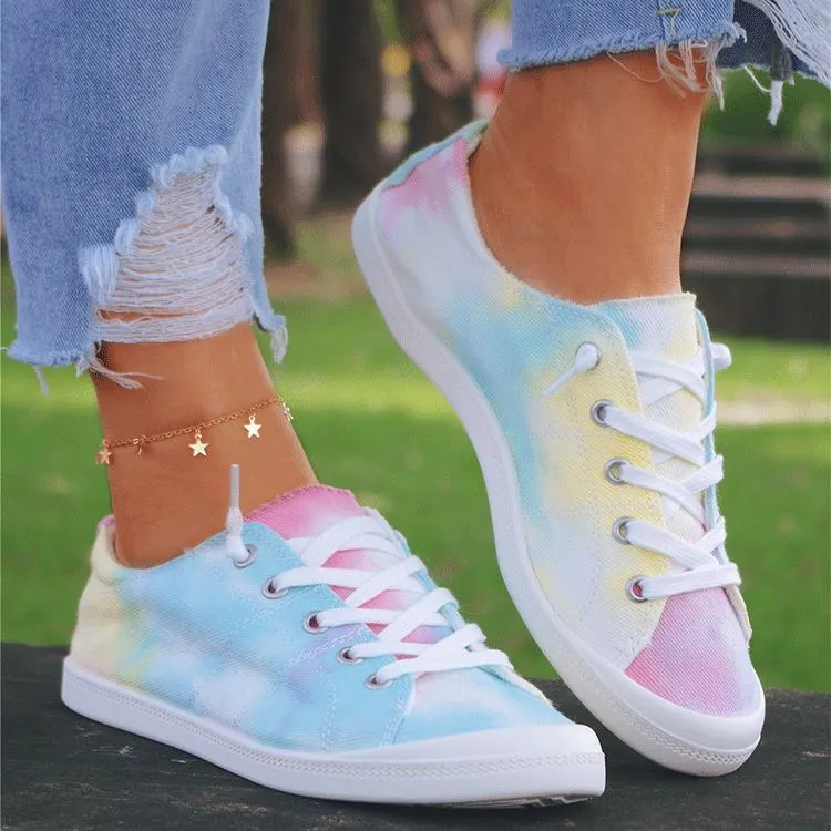 Amozae-  New Tie Dye Sneakers Women 2024 Autumn Multi Color Lace Up Ladies Casual Canvas Shoes Outdoor 43 Big Size Female Flats Loafers AA10