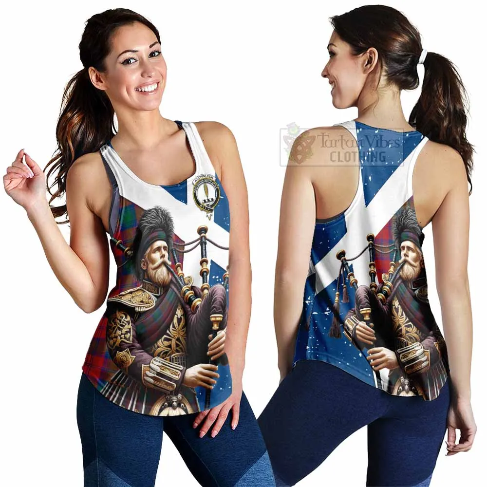 Auchinleck (Affleck) Tartan Women's Racerback Tanks with Family Crest Scottish Bagpiper Vibes