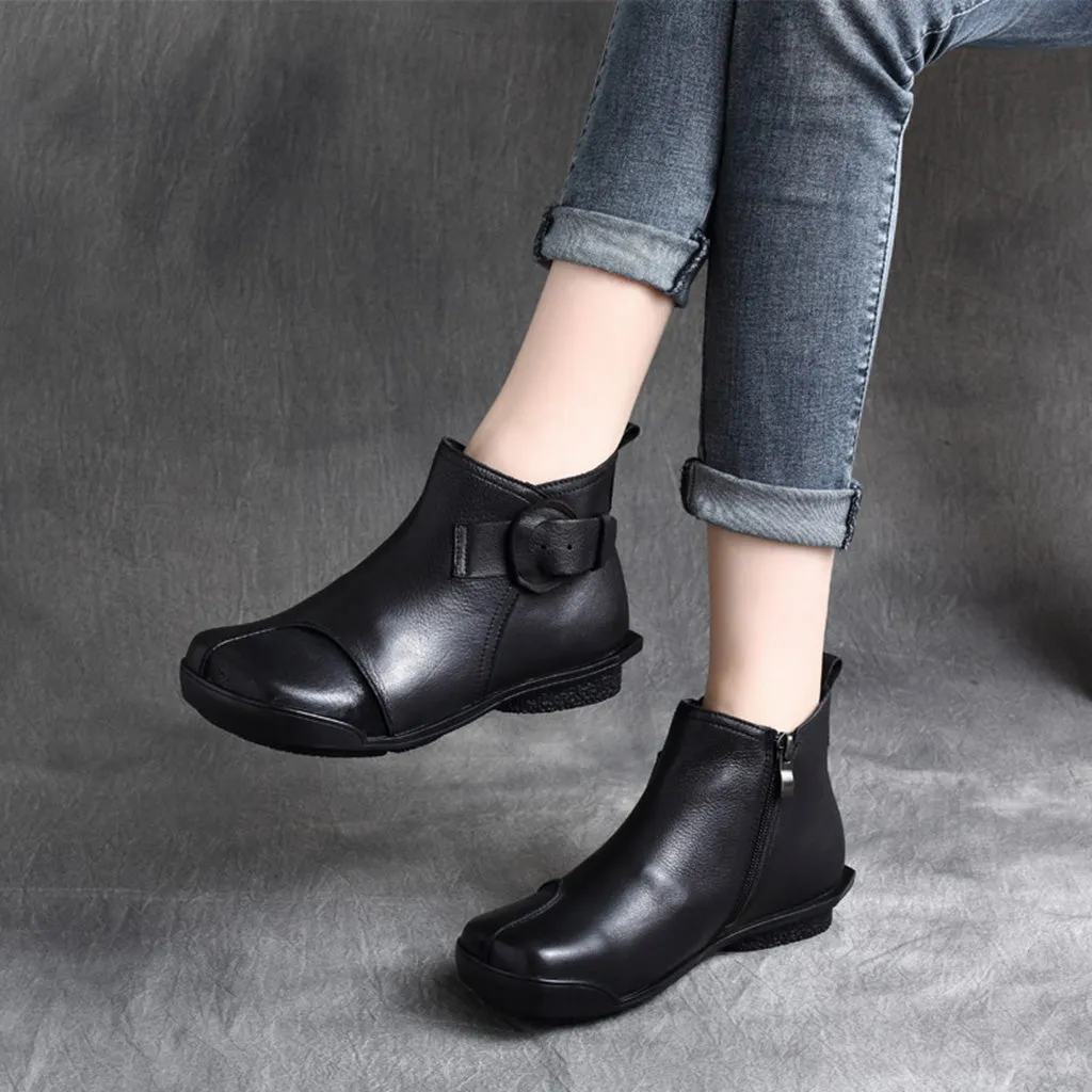 Autumn Winter Retro Leather Comfortable Women's Short Boots