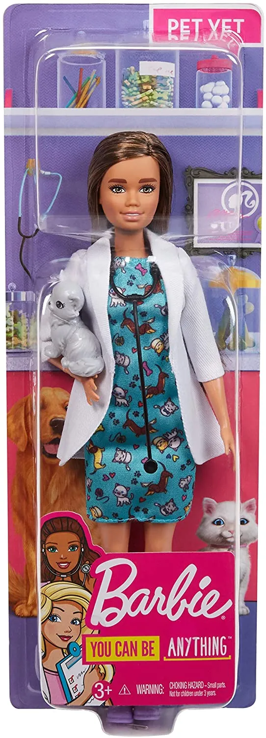 Barbie Pet Vet Brunette Doll with Career Pet print Dress, Medical Coat, Shoes and Kitty Patient