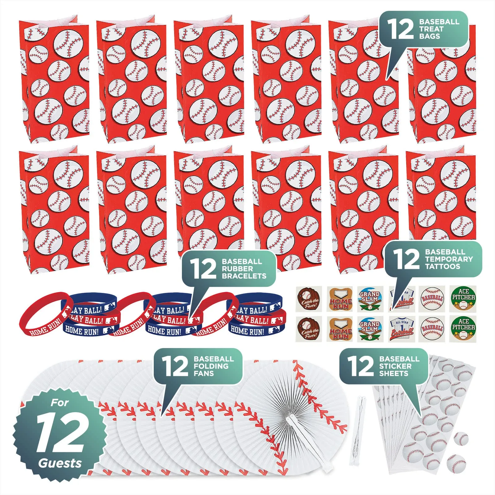 Baseball Party Favors Assortment - Goody Bags, Paper Fans, Rubber Bracelets, Tattoos, and Stickers (1 Dozen of Each, 60 Pieces Total)