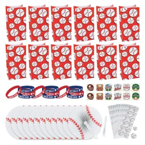 Baseball Party Favors Assortment - Goody Bags, Paper Fans, Rubber Bracelets, Tattoos, and Stickers (1 Dozen of Each, 60 Pieces Total)