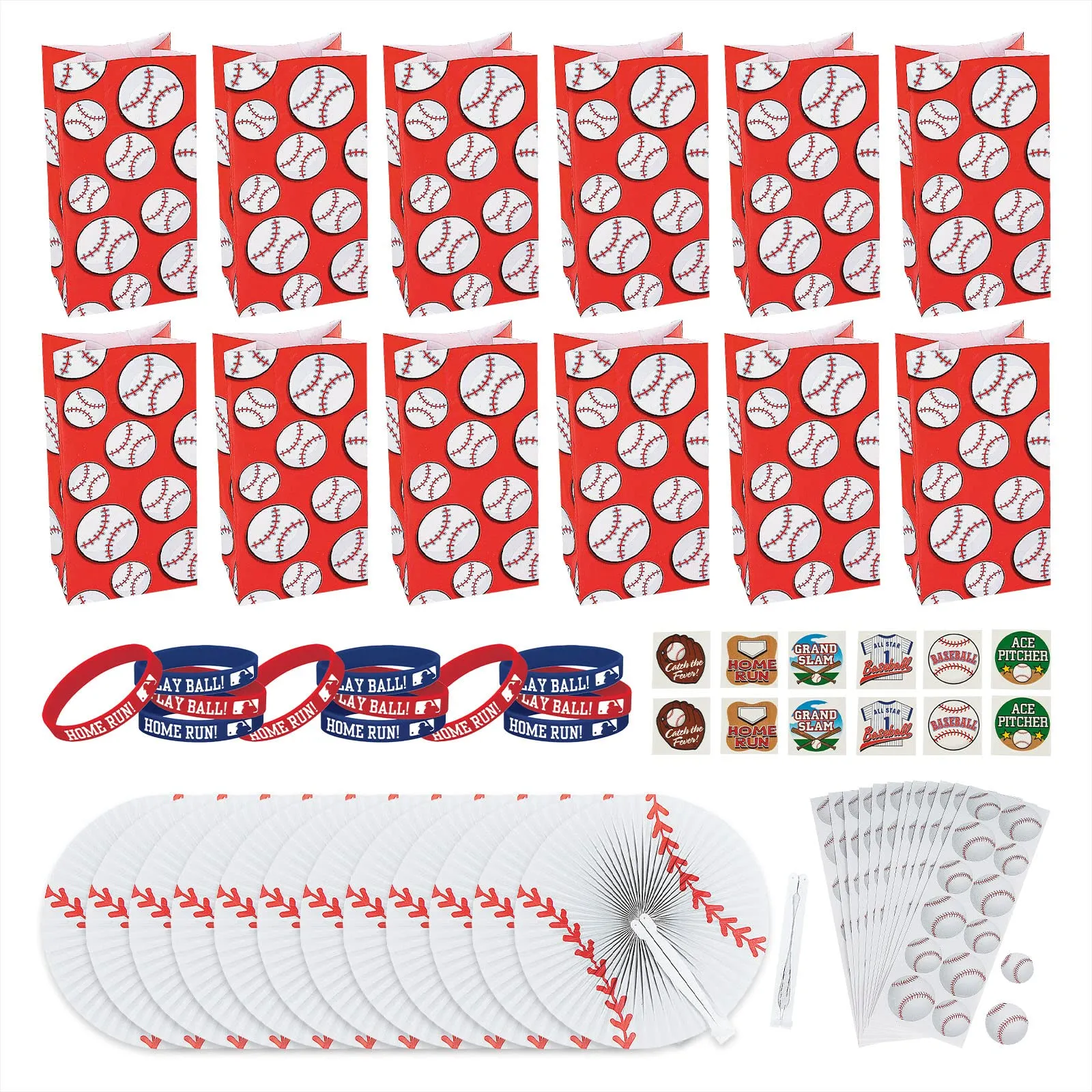 Baseball Party Favors Assortment - Goody Bags, Paper Fans, Rubber Bracelets, Tattoos, and Stickers (1 Dozen of Each, 60 Pieces Total)