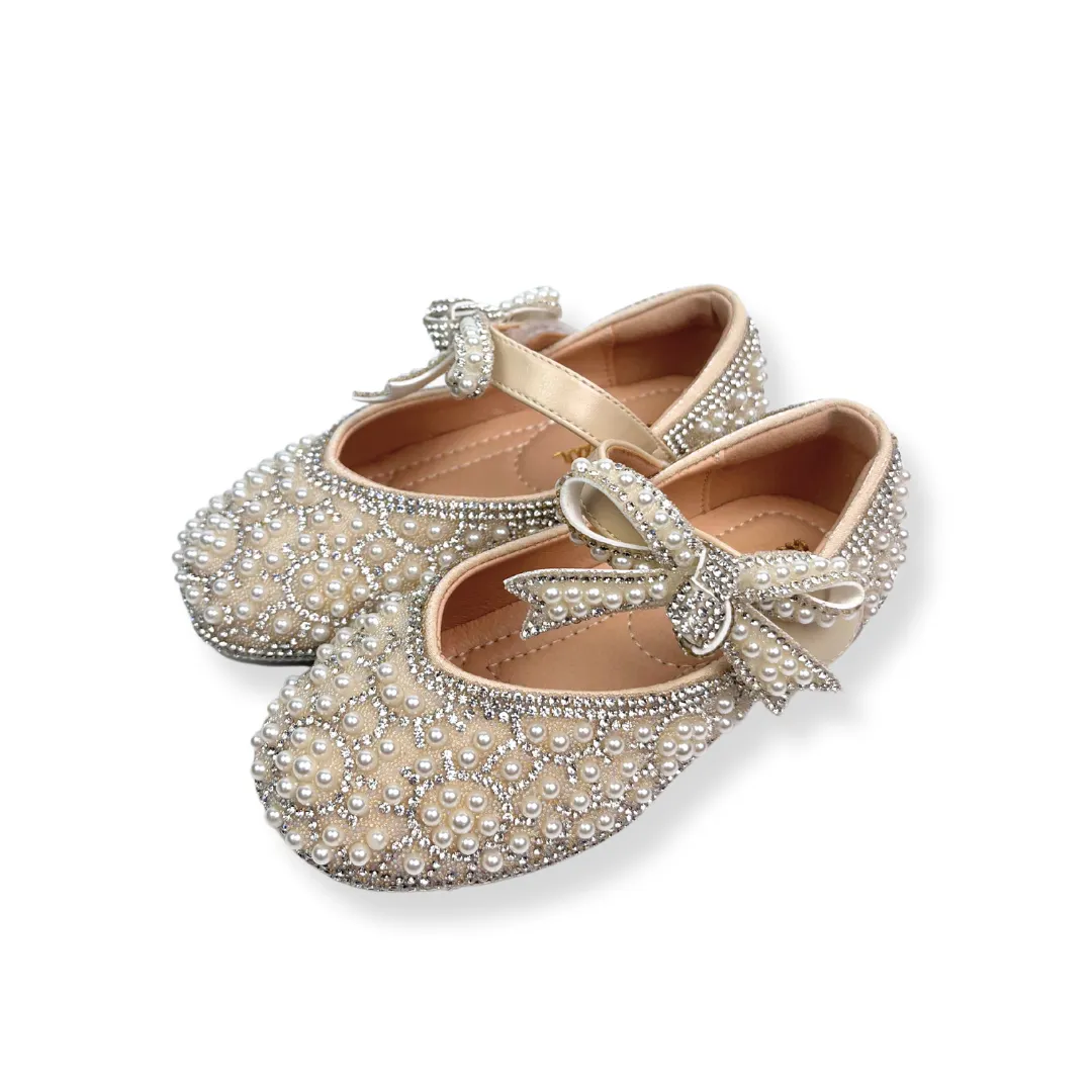 Beige Bowtie Strap Jewel Flat Shoes