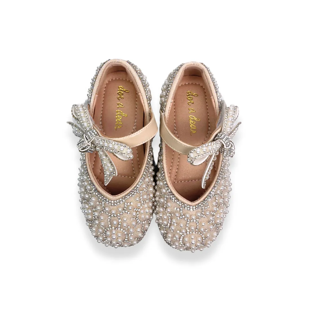 Beige Bowtie Strap Jewel Flat Shoes