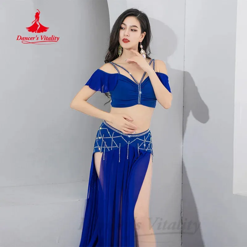 Belly Dancing Practice Set Women Customized Luxury AB Stones Top Sexy Split Long Skirt 2pcs Oriental Dance Performance Clothing