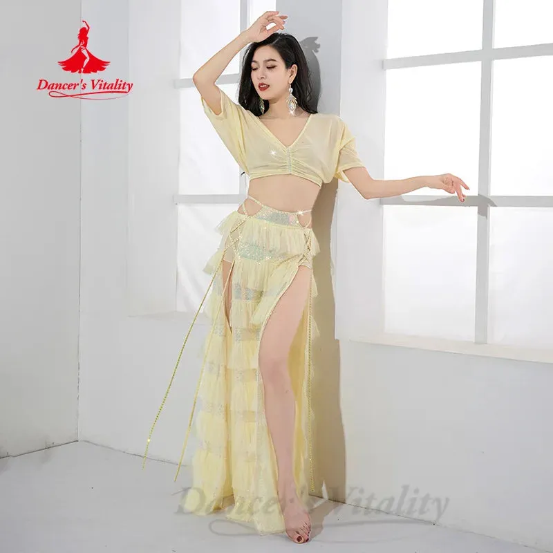 BellyDance Performance Set Women's Customized Light Luxury Rhinestone Sequins Oriental Dance Practice Set Belly Dancing Outfit