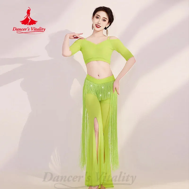 BellyDance Practice Set Women's Customized Half Sleeved V-neck Top Tassel Split Pants 2pcs Oriental Dance Performance Clothing