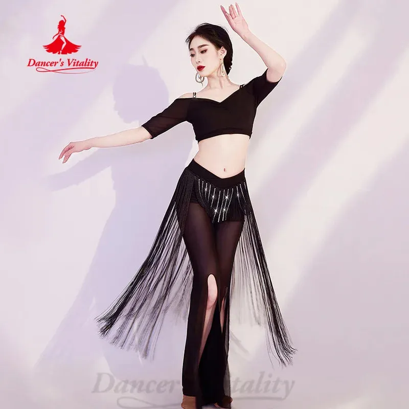 BellyDance Practice Set Women's Customized Half Sleeved V-neck Top Tassel Split Pants 2pcs Oriental Dance Performance Clothing