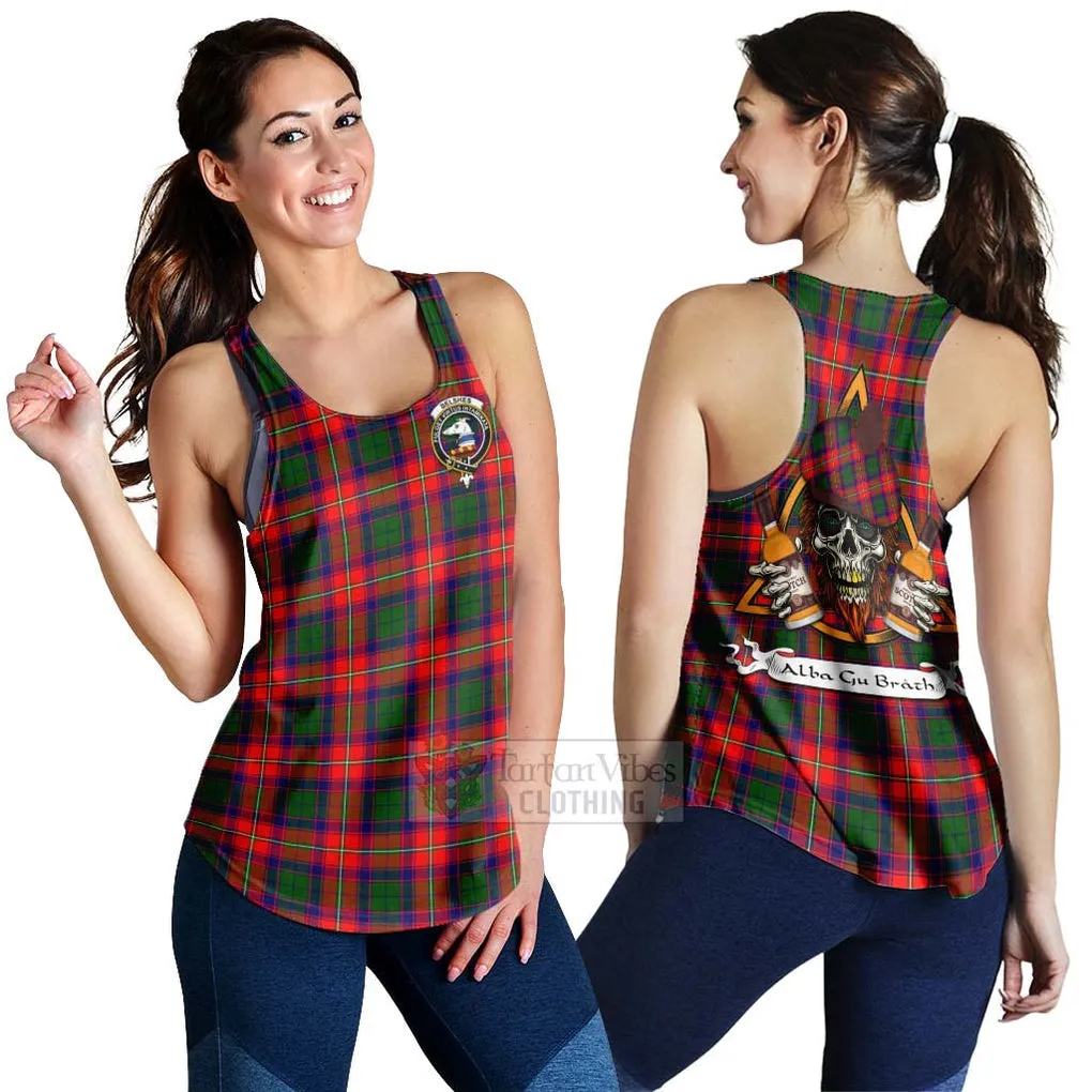 Belshes (Belsches) Tartan Women's Racerback Tanks with Family Crest and Bearded Skull Holding Bottles of Whiskey