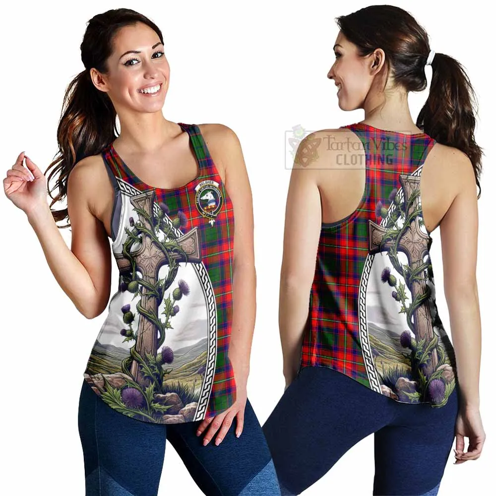 Belshes (Belsches) Tartan Women's Racerback Tanks with Family Crest and St. Andrew's Cross Accented by Thistle Vines