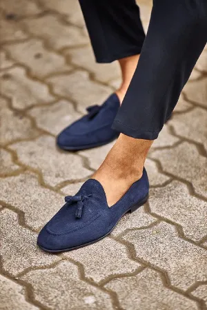 Bojoni Bravo Navy Blue Suede Tassel Loafers