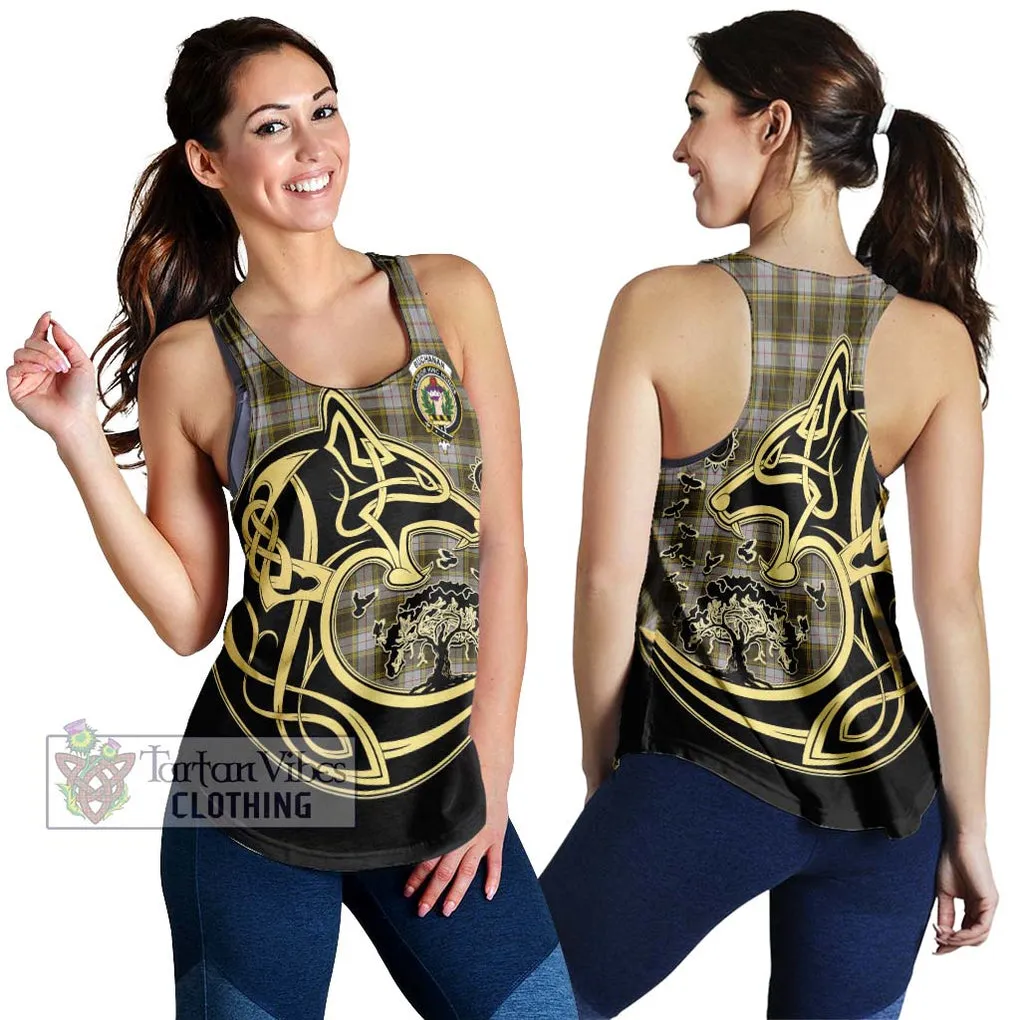 Buchanan Dress Tartan Women's Racerback Tanks with Family Crest Celtic Wolf Style