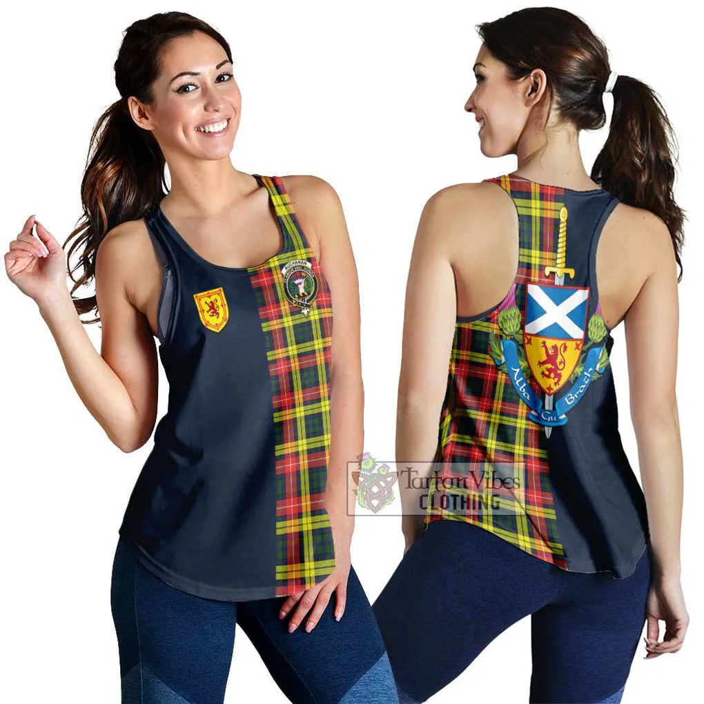 Buchanan Modern Tartan Women's Racerback Tanks Alba with Scottish Lion Royal Arm Half Style