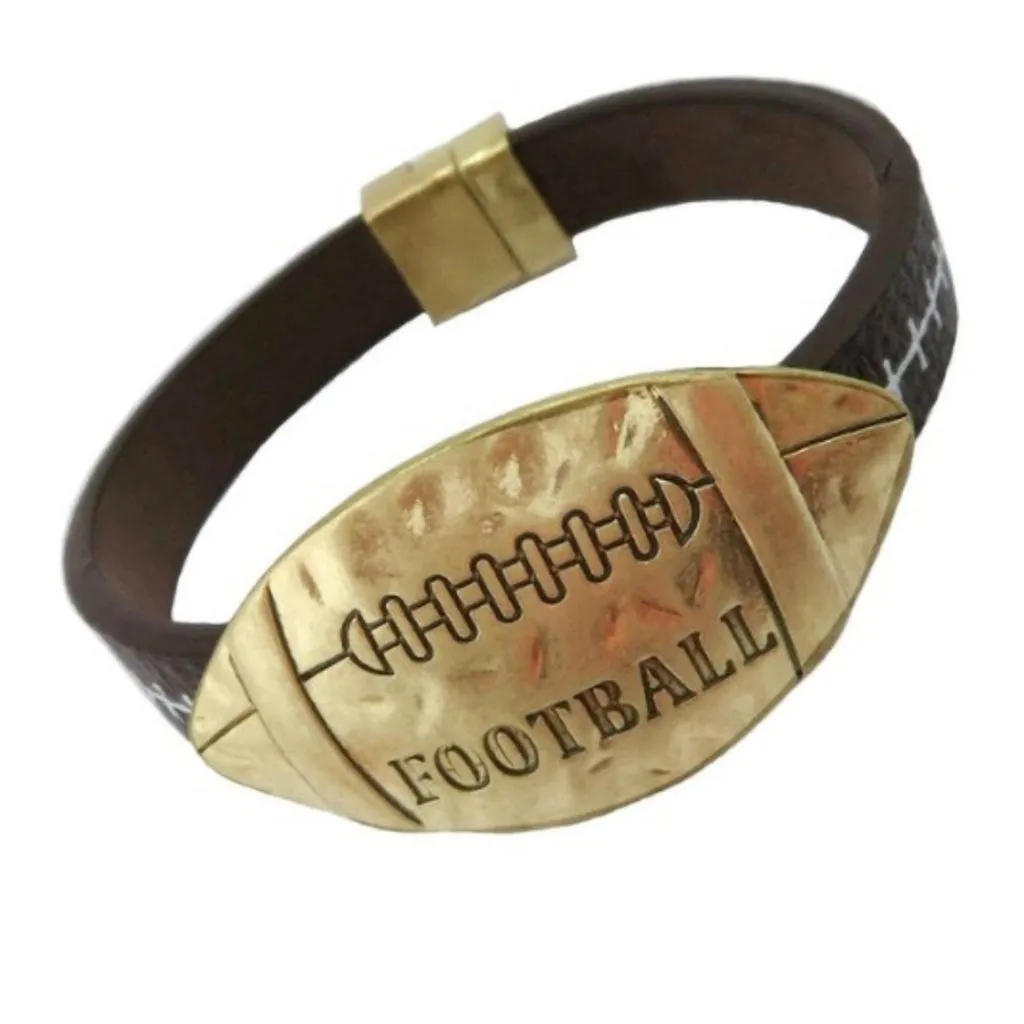 FOOTBALL BRACELET: Engraved Leather Bracelet with Matte Gold