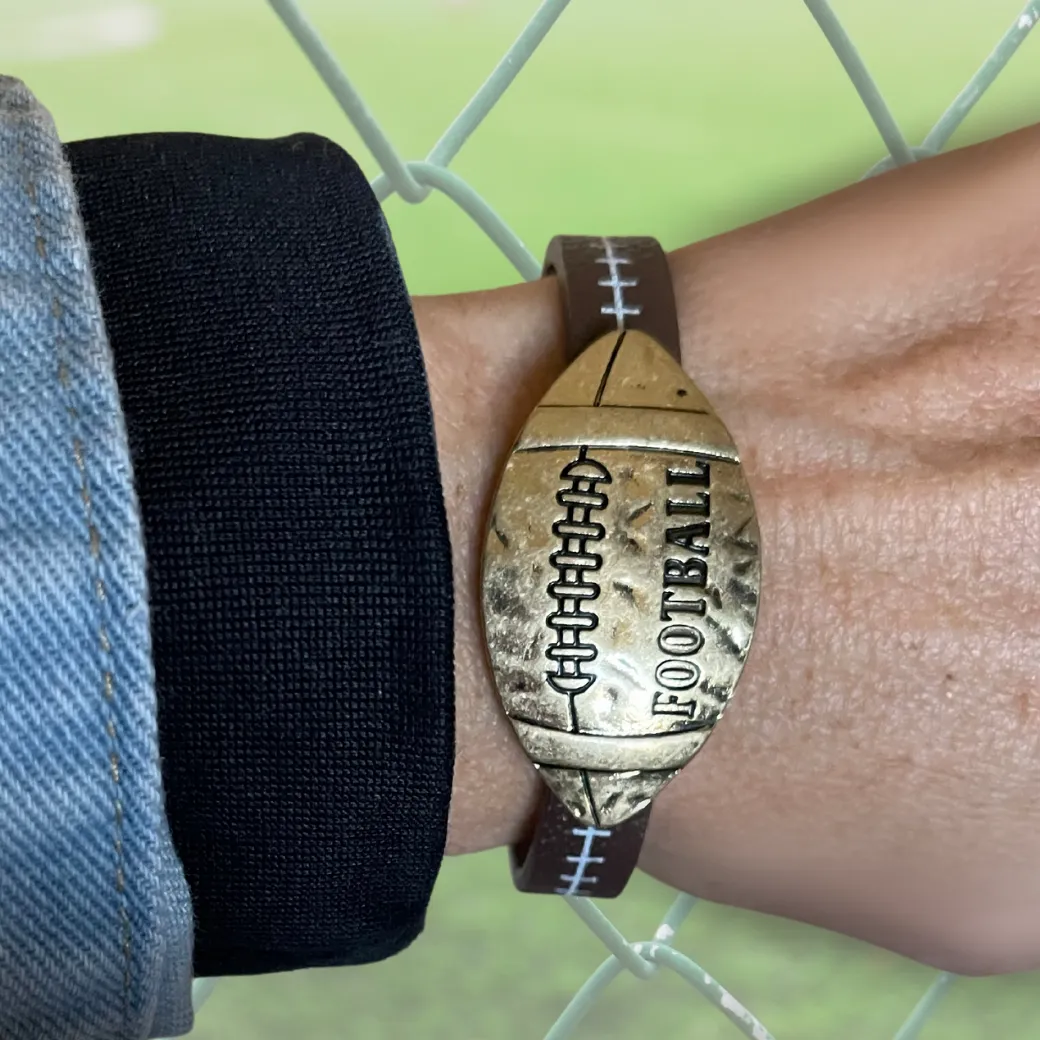 FOOTBALL BRACELET: Engraved Leather Bracelet with Matte Gold