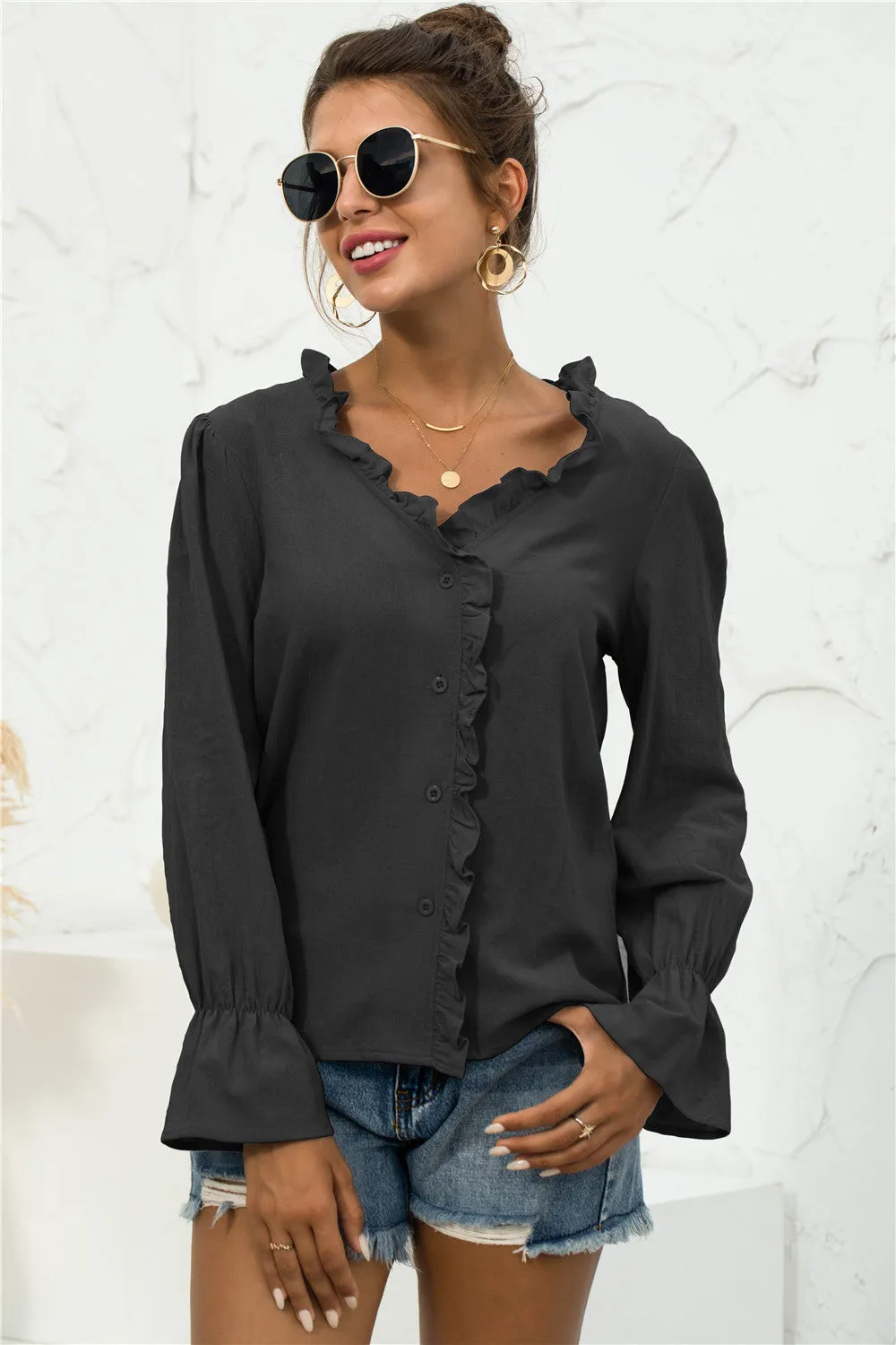 Frill Trim V-Neck Flounce Sleeve Shirt