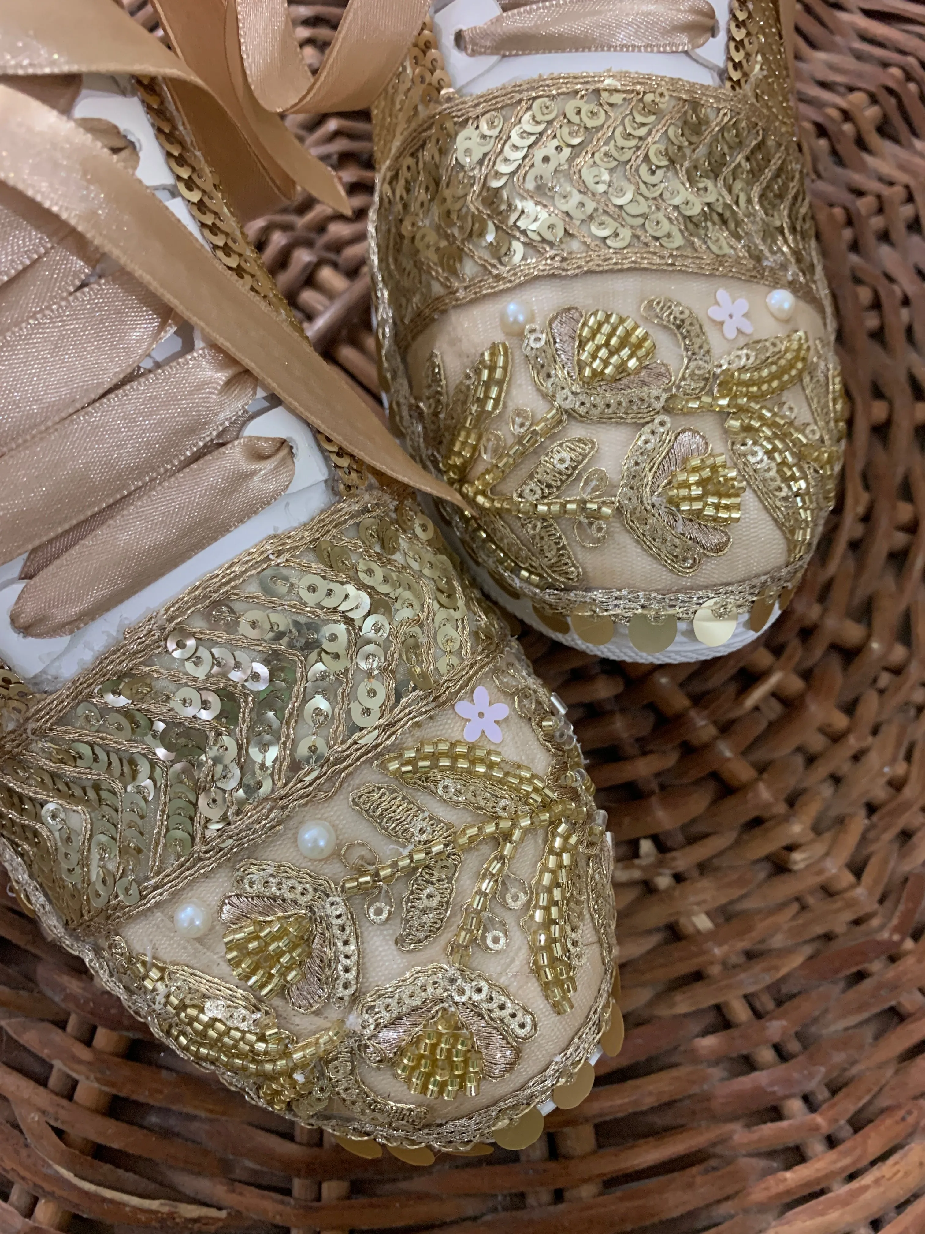 FUNKY N TRENDY handcrafted golden sequine work bridal sneakers / bridesmaid sneakers/ gold sneakers / sequine work sneakers / embroidery sneakers for bride / bridal sneakers