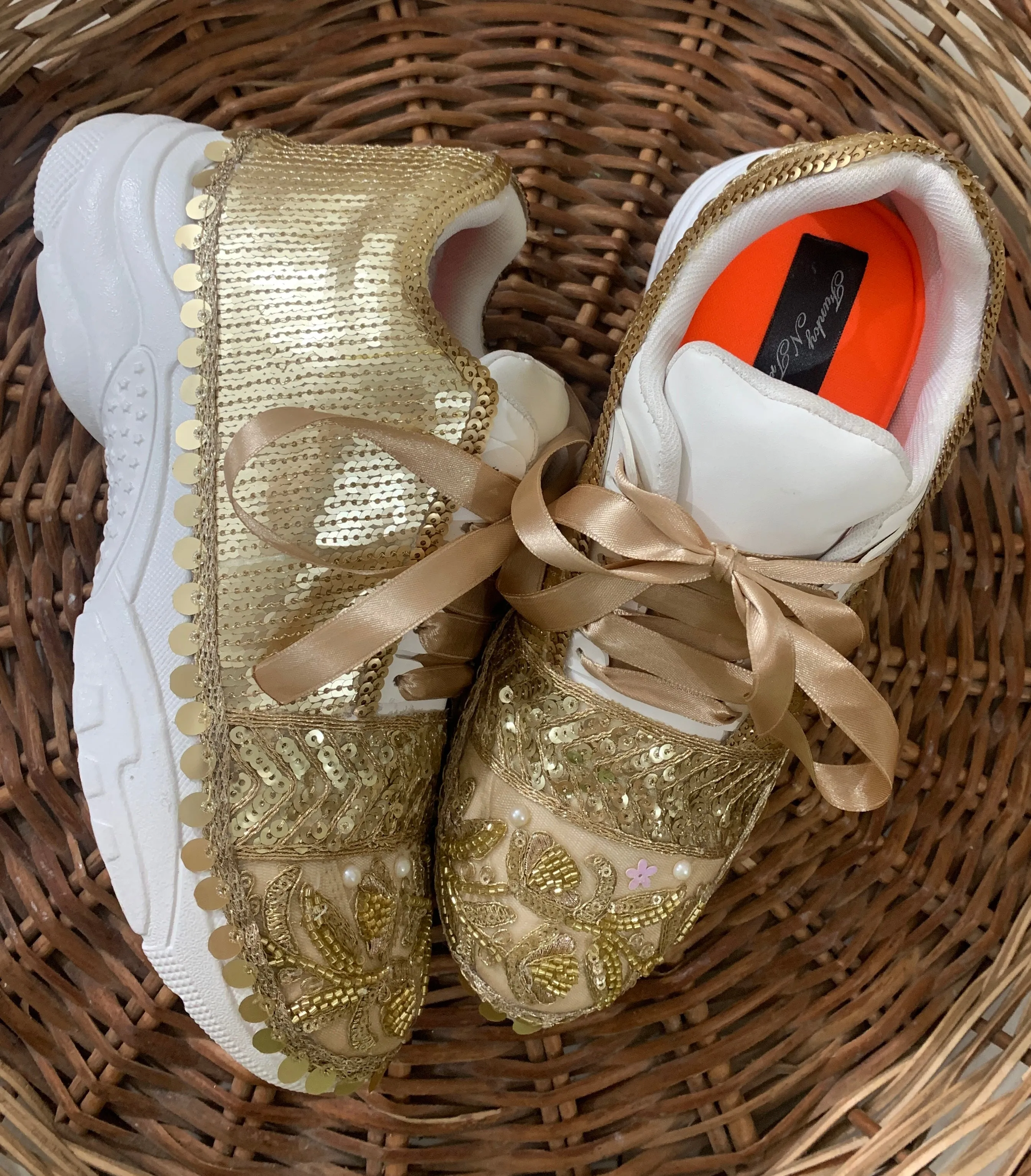 FUNKY N TRENDY handcrafted golden sequine work bridal sneakers / bridesmaid sneakers/ gold sneakers / sequine work sneakers / embroidery sneakers for bride / bridal sneakers