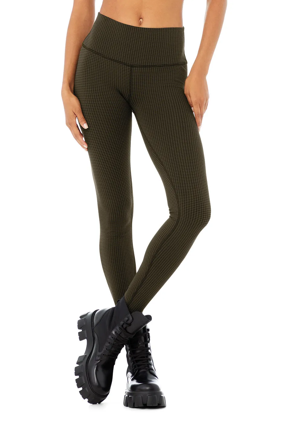 High-Waist Micro Houndstooth Legging - Dark Olive/Black