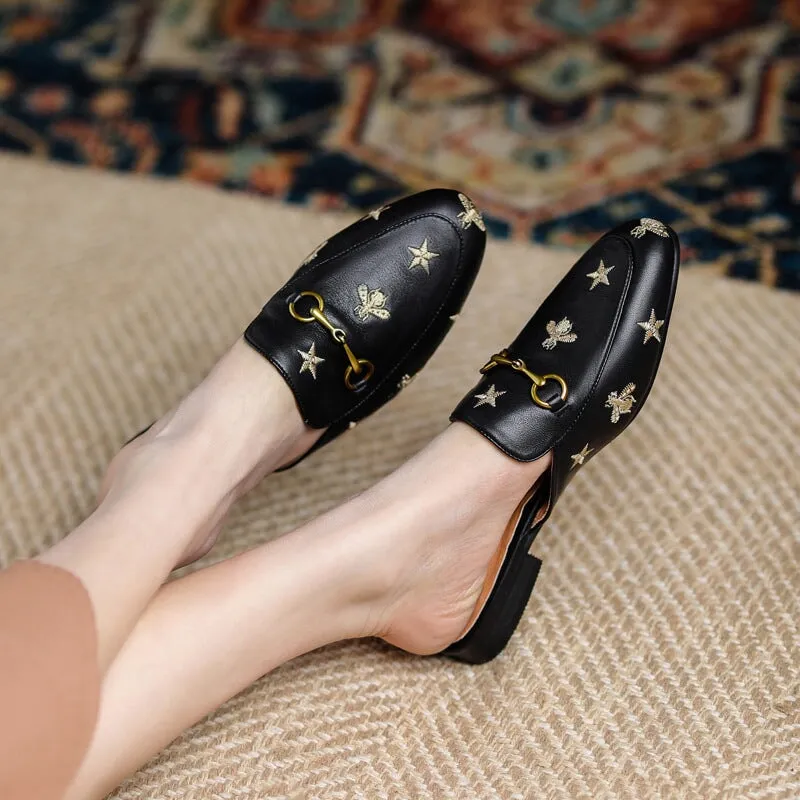 Horsebit-Detailed Leather Mules for Women Backless Loafers in Black/Beige with Embroidery Options