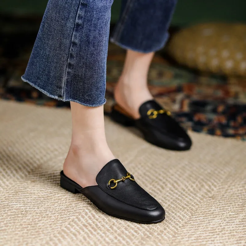 Horsebit-Detailed Leather Mules for Women Backless Loafers in Black/Beige with Embroidery Options