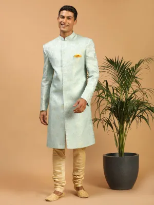 Jashvi Men's Aqua Blue Woven Indo Western With Gold Pyjama Set