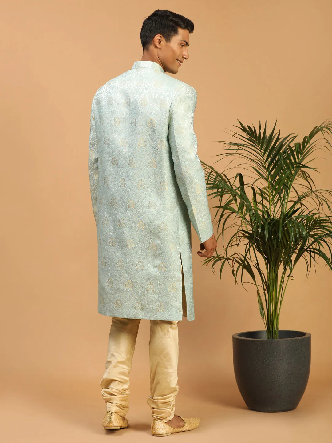 Jashvi Men's Aqua Blue Woven Indo Western With Gold Pyjama Set