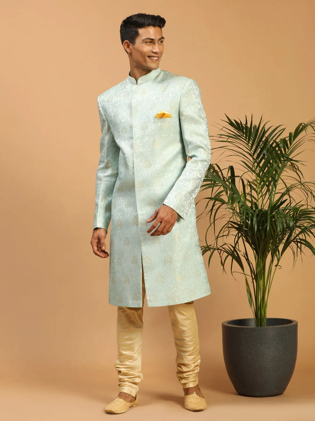 Jashvi Men's Aqua Blue Woven Indo Western With Gold Pyjama Set