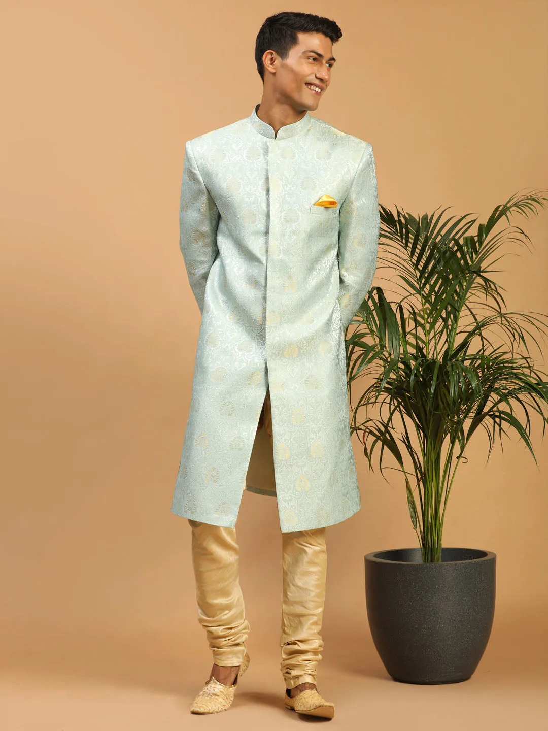 Jashvi Men's Aqua Blue Woven Indo Western With Gold Pyjama Set