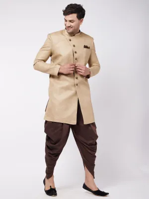 Jashvi Men's Beige And Coffee Brown Jute Cotton Indo Western Set