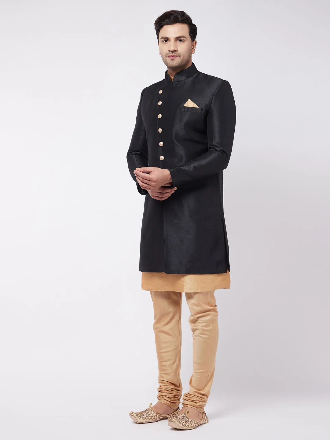 Jashvi Men's Black Angrakha Style Indo Western Over Rose Gold Kurta Pyjama Set