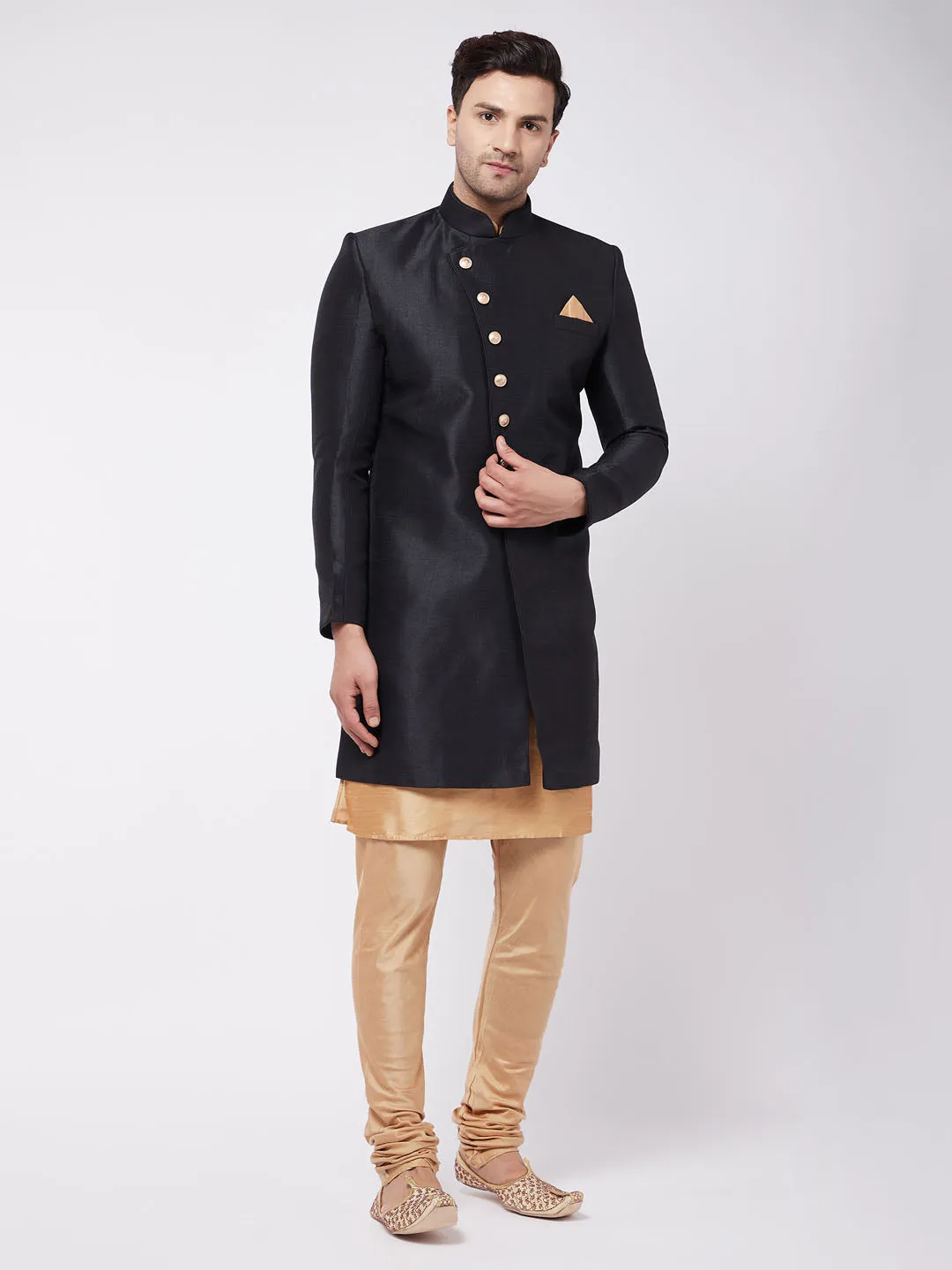 Jashvi Men's Black Angrakha Style Indo Western Over Rose Gold Kurta Pyjama Set