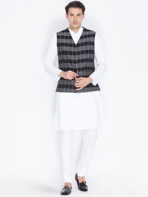 Jashvi Men's Black Cotton Kurta, Ethnic Jacket and Pyjama Set